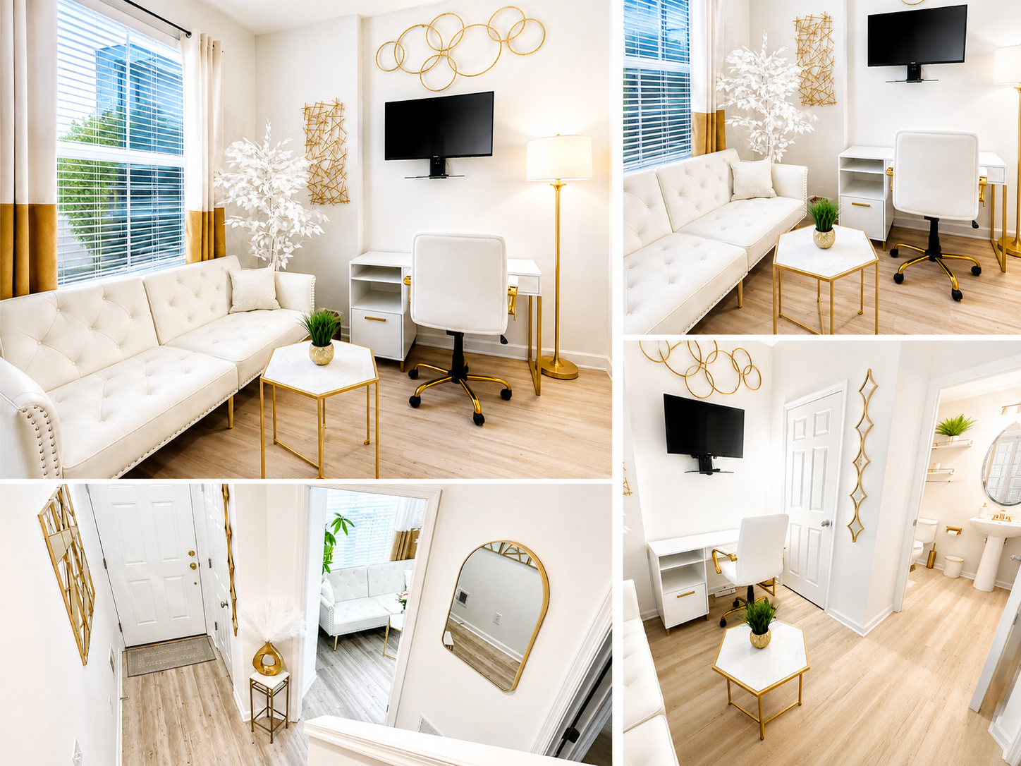 Views of the dedicated office with white futon, desk, chair, and attached bath