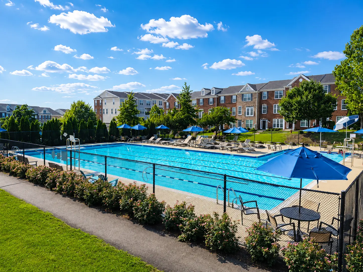 The Ashburn Residence — Community pool with lounge seating and shade umbrellas