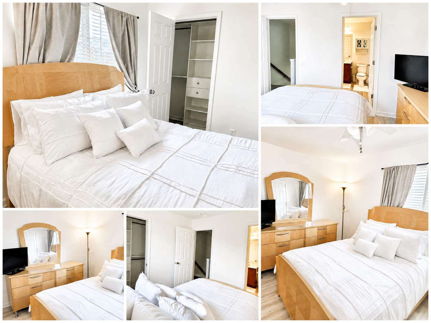 Views of the furnished second bedroom with white linens, dresser, and closet