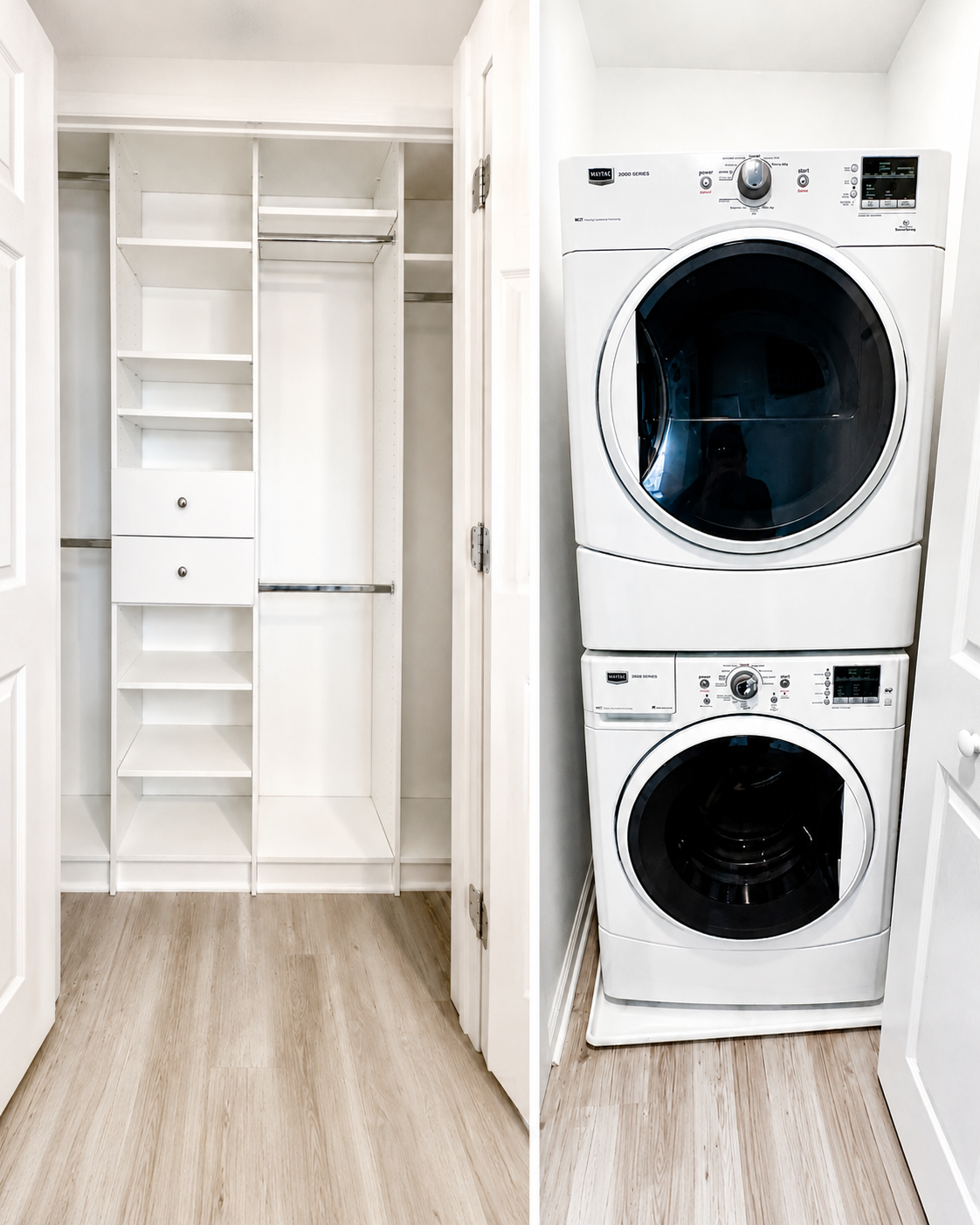 In-home washer and dryer alongside a finished closet with built-in shelving and drawers