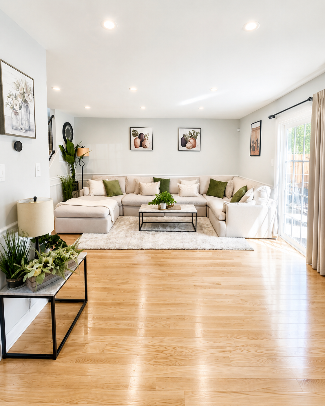 Bright furnished living room with hardwood floors at The Leeway Residence in Fairfax, Virginia