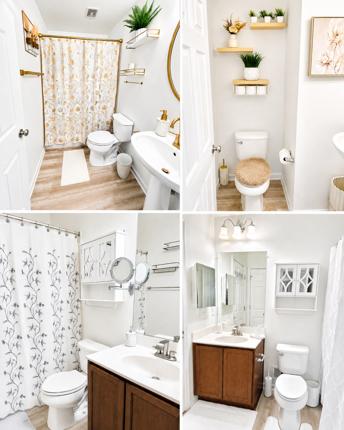 Views of the bathrooms with gold accents, marble vanities, and tiled showers