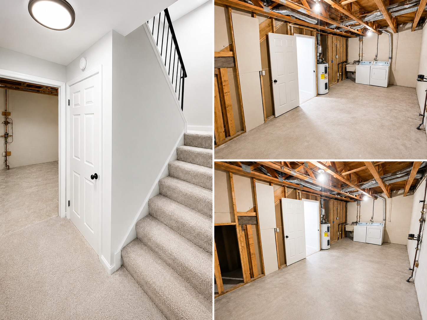 Lower-level laundry area, unfinished storage, and carpeted stairwell at The Leeway Residence