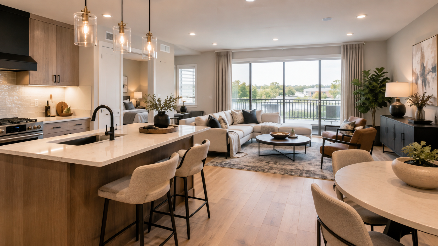 Bright open-concept living, dining, and kitchen area in a furnished Northern Virginia residence
