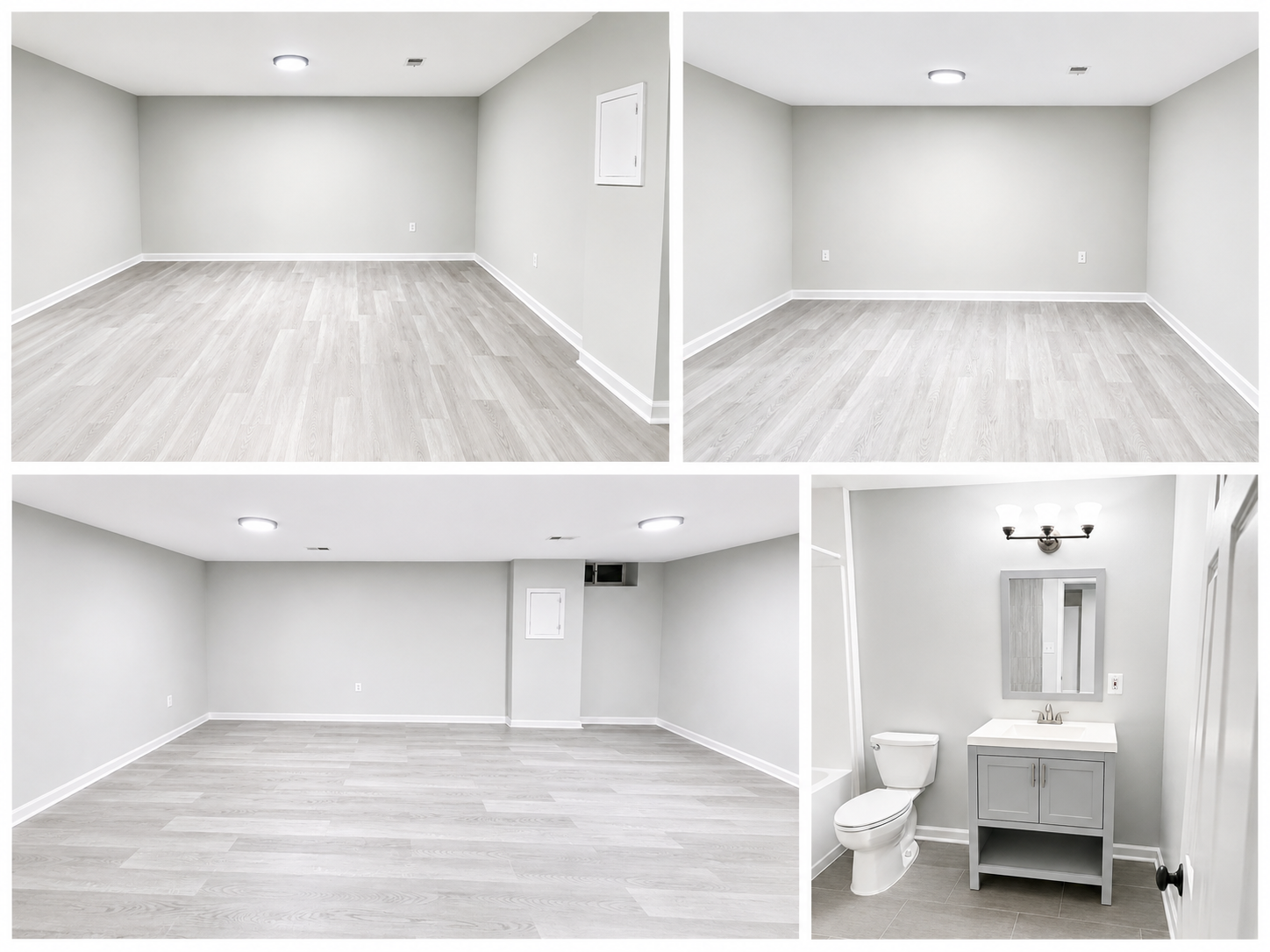 Lower-level recreation room with luxury vinyl plank flooring and full bath at The Leeway Residence