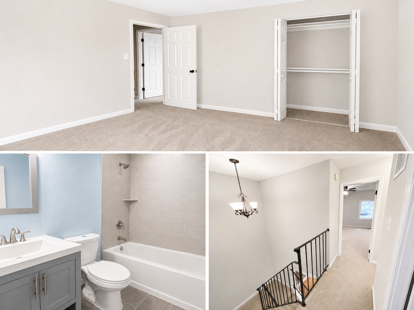Third bedroom, updated hall bath, and upper hallway at The Leeway Residence