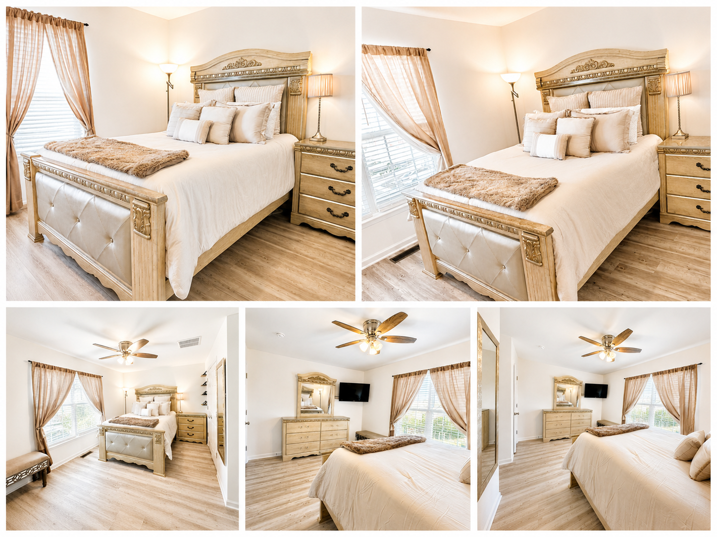 Views of the furnished primary bedroom with carved wood bed, dresser, and soft lighting