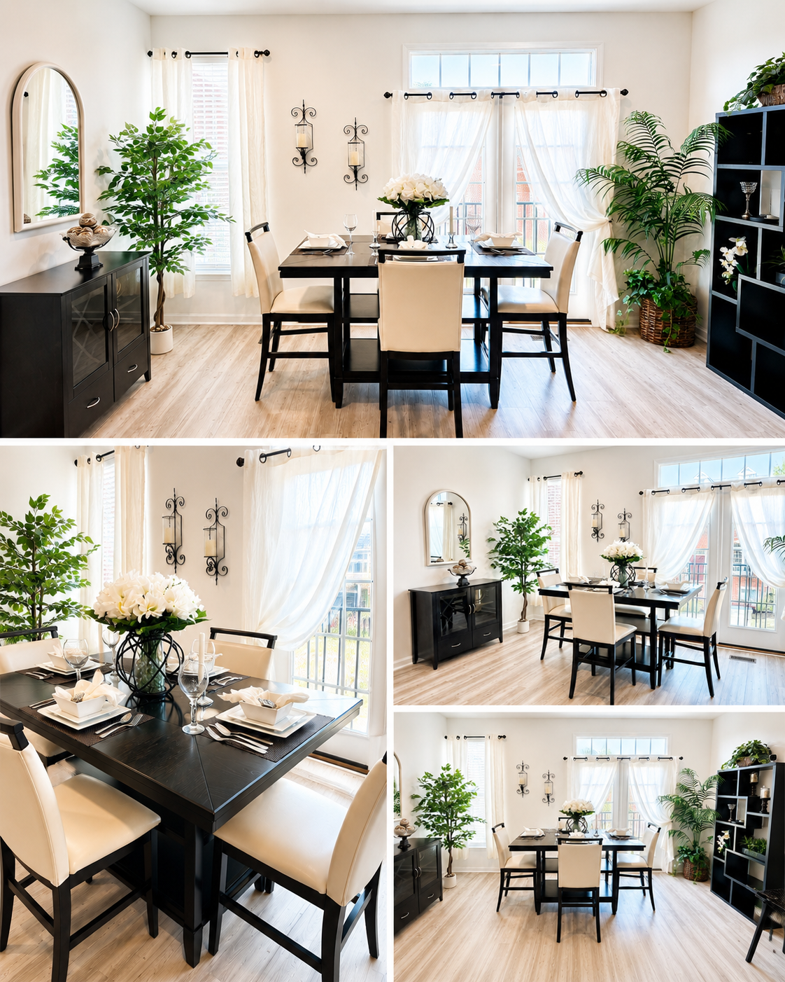Views of the furnished dining area with dark wood table, upholstered chairs, and sheer draperies