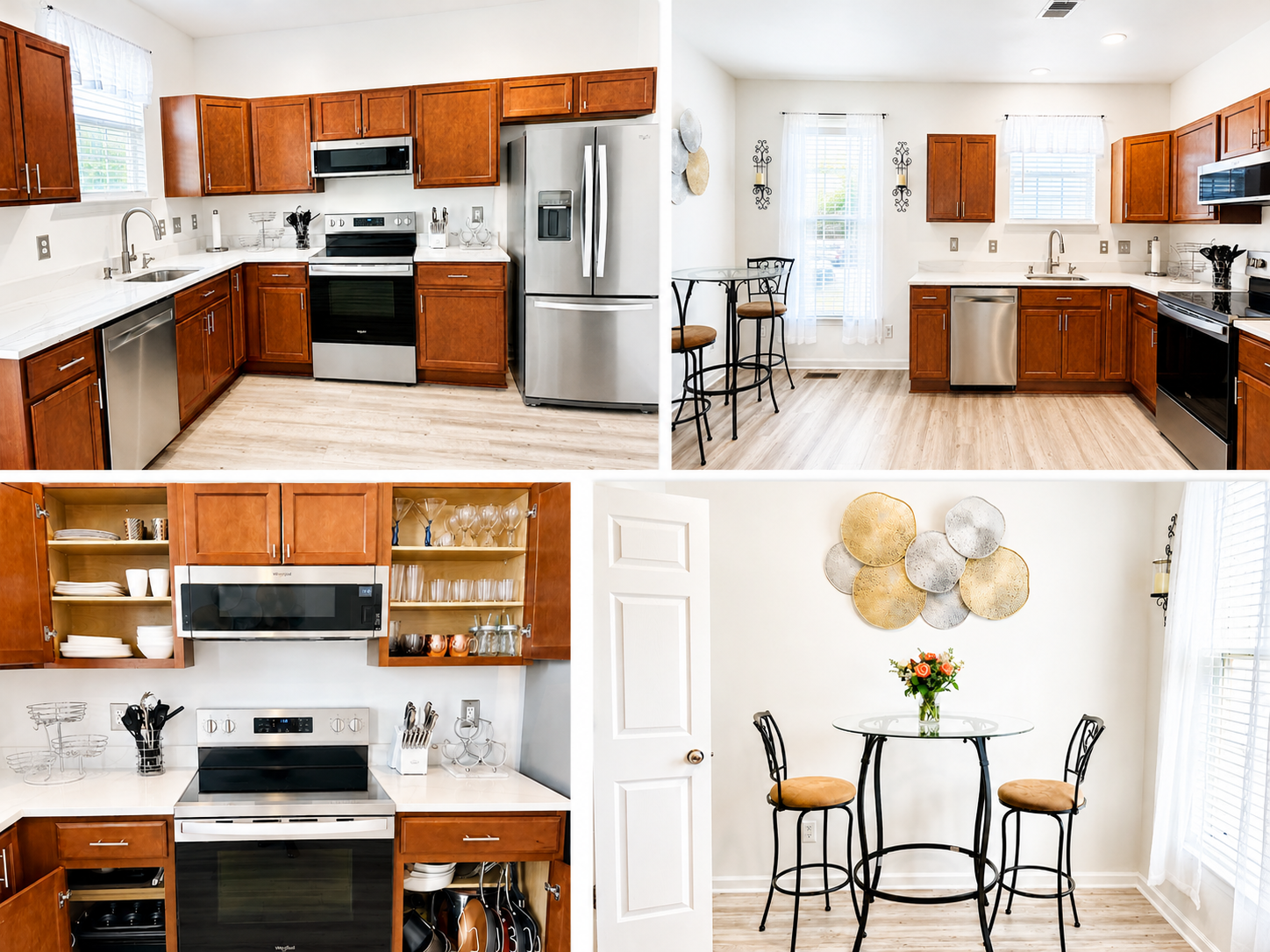 Views of the full kitchen with wooden cabinetry, stainless steel appliances, and breakfast nook