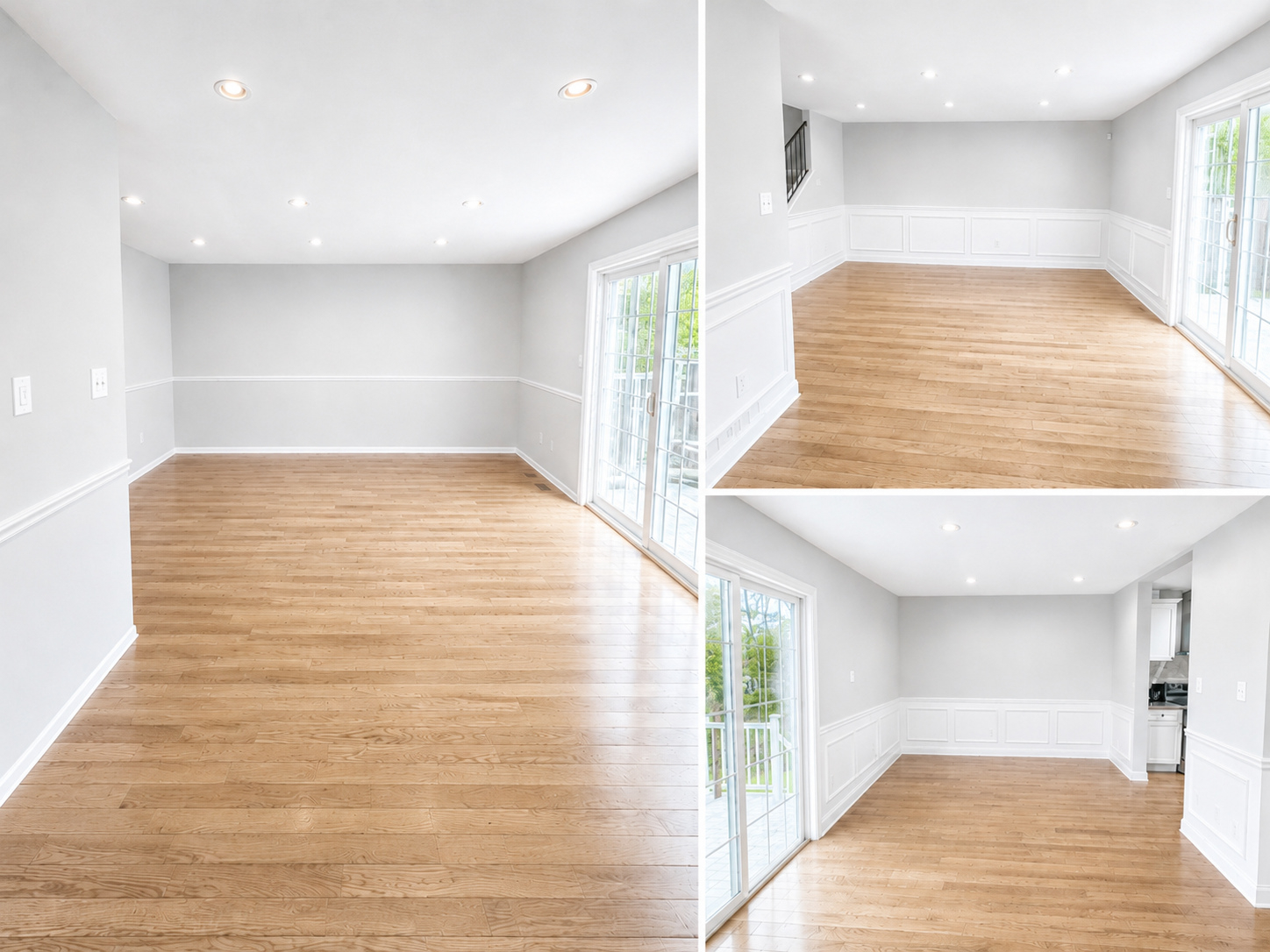 Bright unfurnished living and dining space with hardwood floors, wainscoting, and sliding glass doors at The Leeway Residence