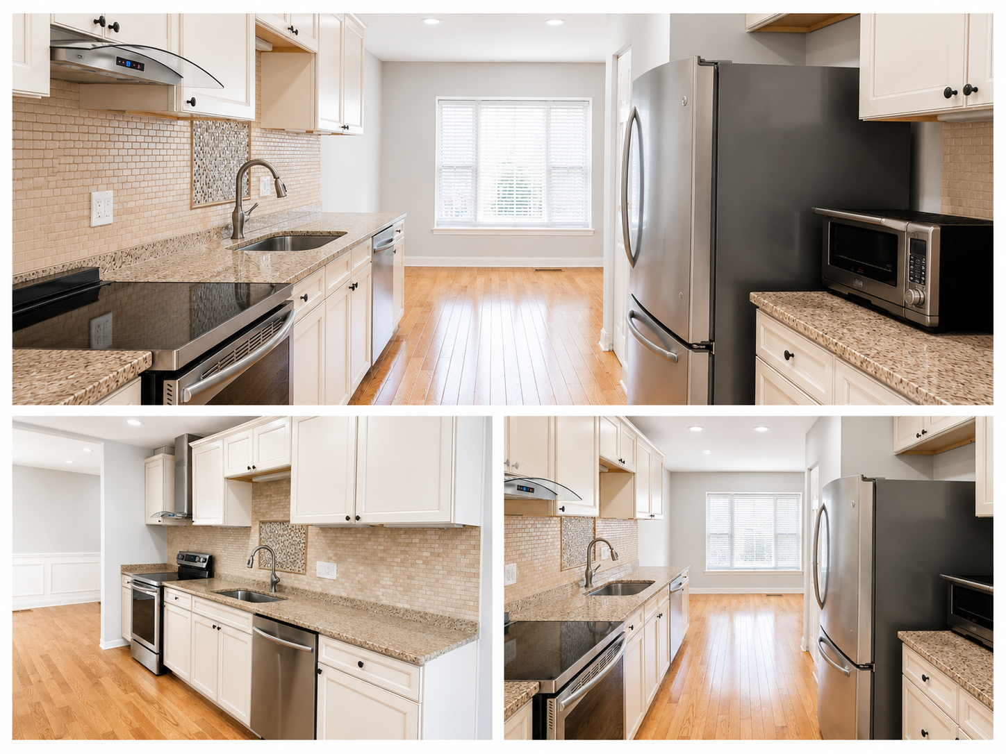 Updated kitchen with white cabinetry, granite countertops, stainless steel appliances, and hardwood floors at The Leeway Residence