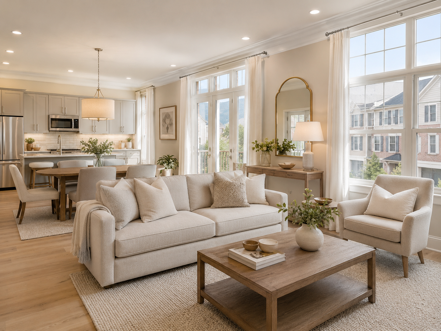 Bright furnished living and dining area in a Northern Virginia residence